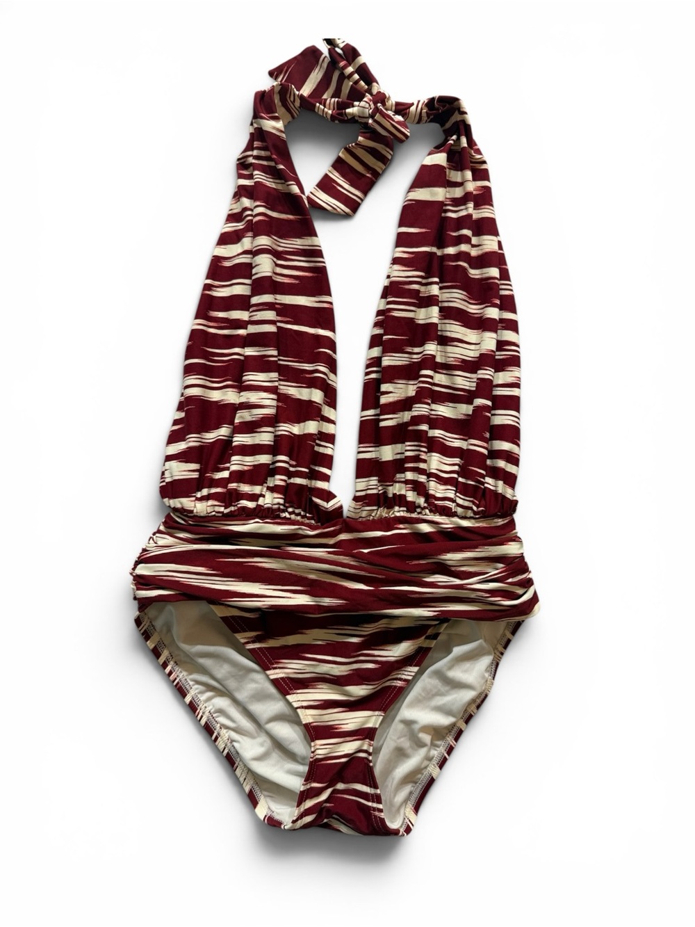 Vince Camuto Burgundy and Cream Striped Halter One-Piece